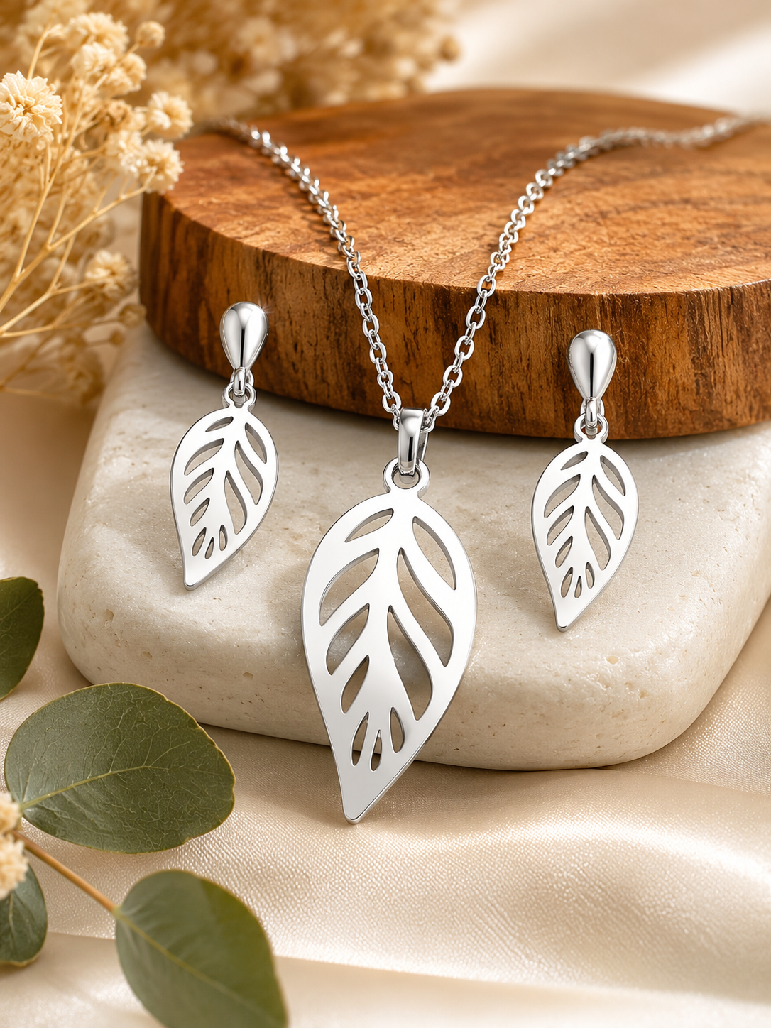 Conjunto Colar e Brincos Folha Feminino Aço inoxidável Elegante