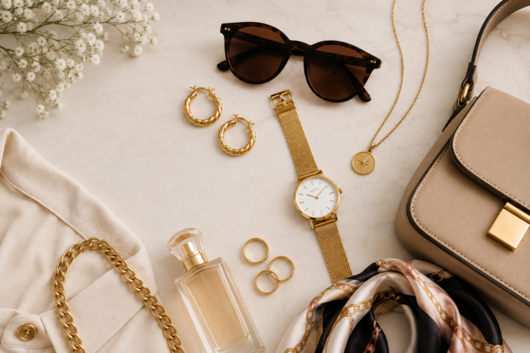 Composição elegante de acessórios femininos sobre superfície clara, incluindo bolsa bege, relógio dourado, colar delicado, argolas, anéis, óculos de sol, perfume e lenço estampado, em ambiente sofisticado com iluminação suave.