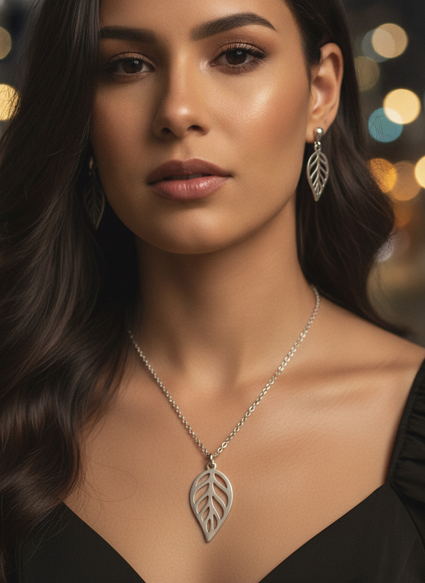 Conjunto Colar e Brincos Folha Feminino Aço inoxidável Elegante